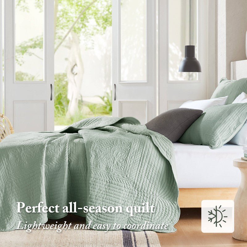 Coastal Scalloped Edge Quilt Set 3PC - Seafoam - Quahog Bay Bedding