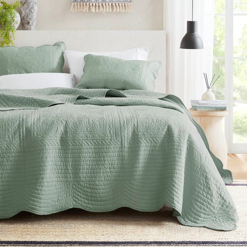Coastal Scalloped Edge Quilt Set 3PC - Seafoam - Quahog Bay Bedding