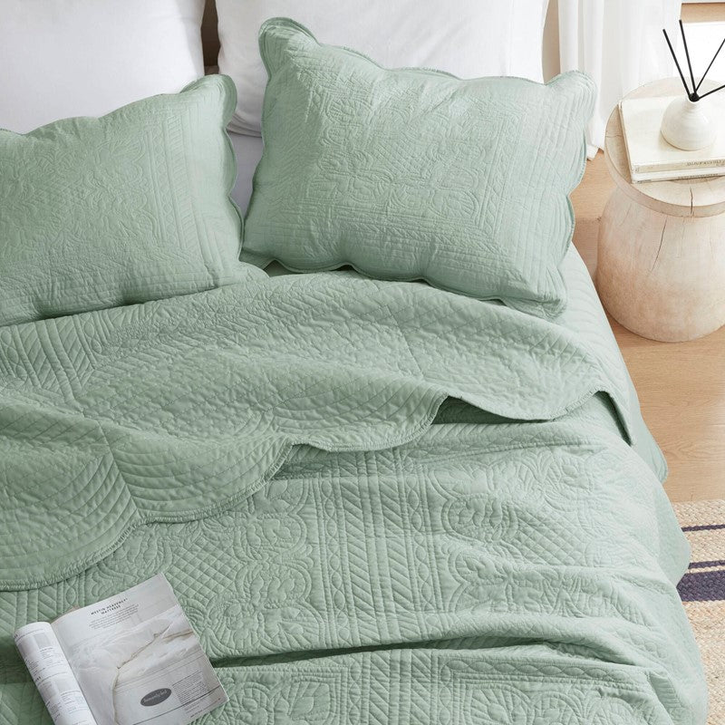 Coastal Scalloped Edge Quilt Set 3PC - Seafoam - Quahog Bay Bedding