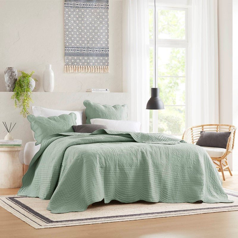 Coastal Scalloped Edge Quilt Set 3PC - Seafoam - Quahog Bay Bedding