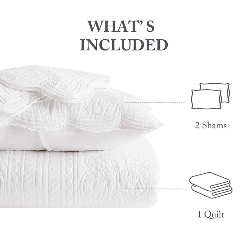 Coastal Scalloped Edge Quilt Set 3PC - White - Quahog Bay Bedding