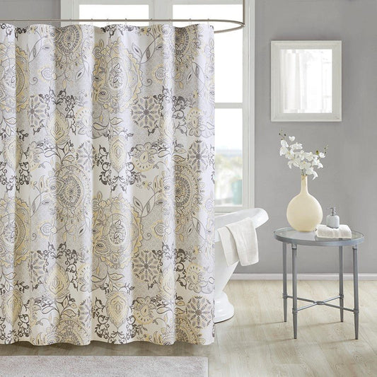 Coastal Yellow Isla Printed Cotton Shower Curtain - Coastal Shower Curtains - Quahog Bay Bedding