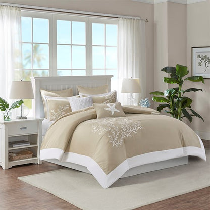 Coastline Beach Themed Duvet Cover Set 3PC - White With Taupe Hues