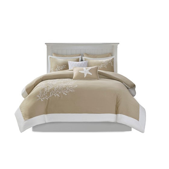 Coastline Beach Themed Duvet Cover Set 3PC - White With Taupe Hues