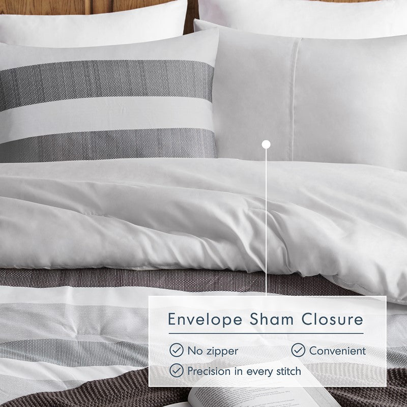 Comfort Spaces Owain Stripe Textured Print Comforter Set - Black And Grey Bedding Set - Quahog Bay Bedding