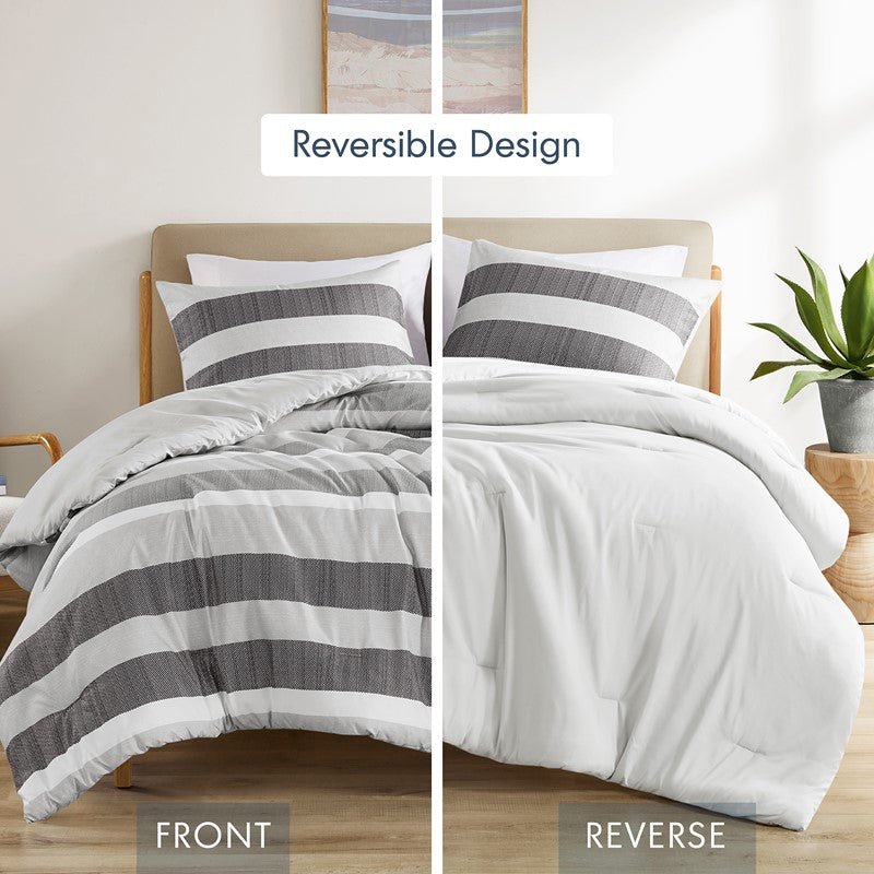 Comfort Spaces Owain Stripe Textured Print Comforter Set - Black And Grey Bedding Set - Quahog Bay Bedding