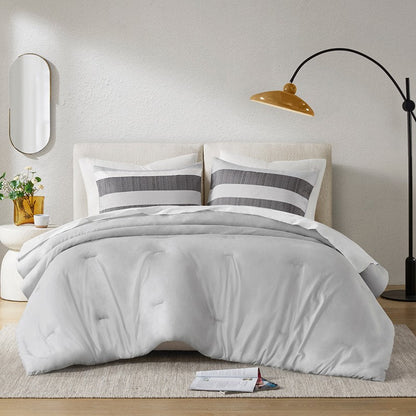 Comfort Spaces Owain Stripe Textured Print Comforter Set - Black And Grey Bedding Set - Quahog Bay Bedding
