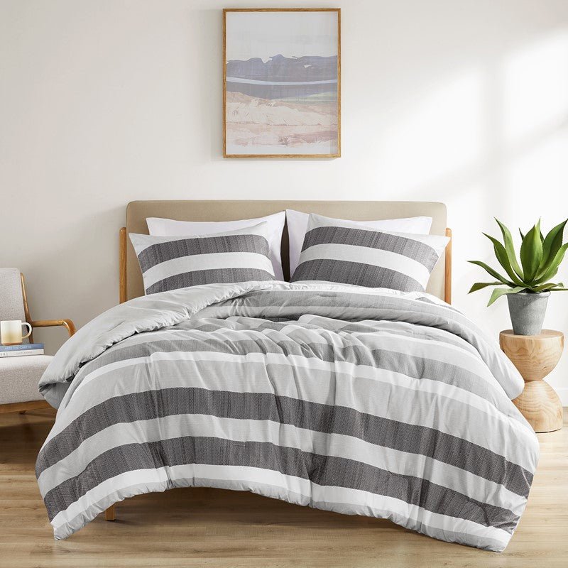 Comfort Spaces Owain Stripe Textured Print Comforter Set - Black And Grey Bedding Set - Quahog Bay Bedding