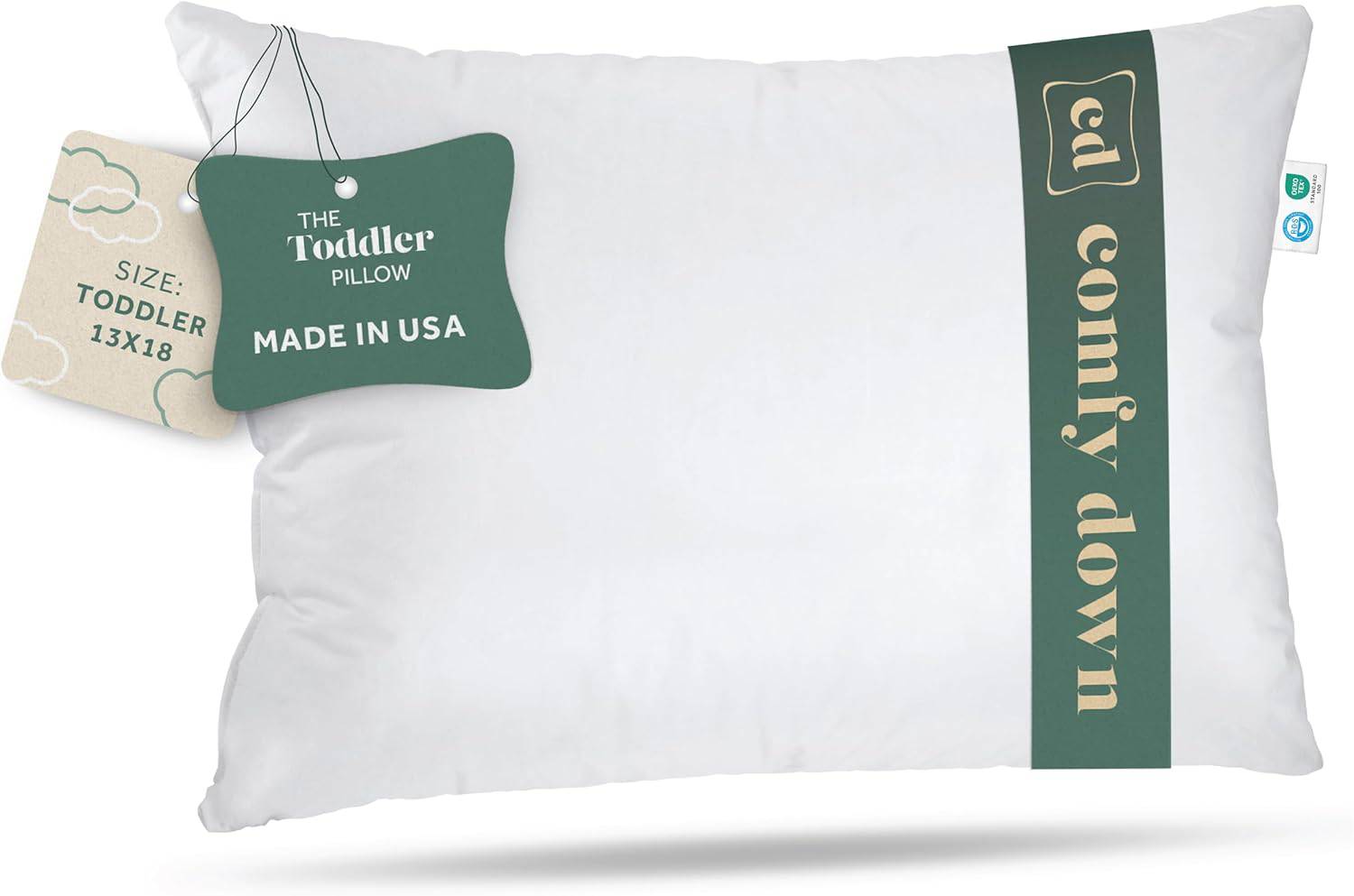 ComfyDown Toddler Pillow - Super Soft European Goose Down for Children Ages 18 to 48 Months - 100% Hypoallergenic - Cotton Cover - MADE IN USA - Quahog Bay Bedding