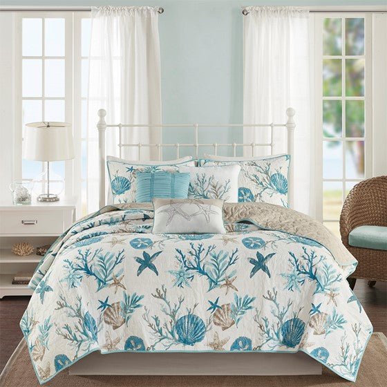 Madison Park Pebble Beach Cotton Sateen Quilt Set 6PC - Aqua - Quahog Bay Bedding