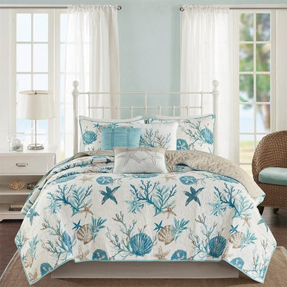 Madison Park Pebble Beach Cotton Sateen Quilt Set 6PC - Aqua - Quahog Bay Bedding