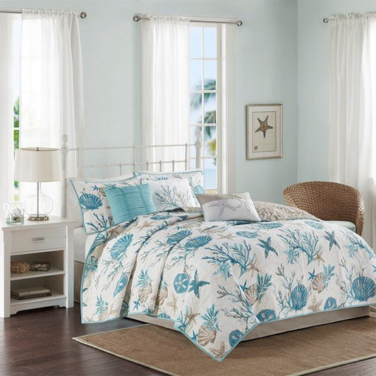 Madison Park Pebble Beach Cotton Sateen Quilt Set 6PC - Aqua - Quahog Bay Bedding