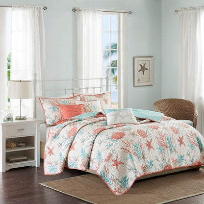 Madison Park Pebble Beach Cotton Sateen Quilt Set 6PC - Coral - Quahog Bay Bedding