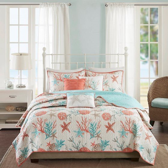 Pebble Beach 6PC Cotton Sateen Quilt Set – Coral | Coastal Bedding