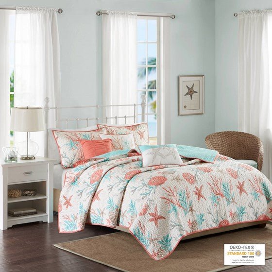 掛け布団カバー 6点セット 西海岸 ペブルビーチ クイーンサイズ PEBBLE Pebble Beach 6PC Cotton Sateen Quilt Set – Coral | Coastal Bedding