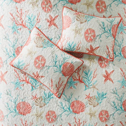 Madison Park Pebble Beach Cotton Sateen Quilt Set 6PC - Coral - Quahog Bay Bedding