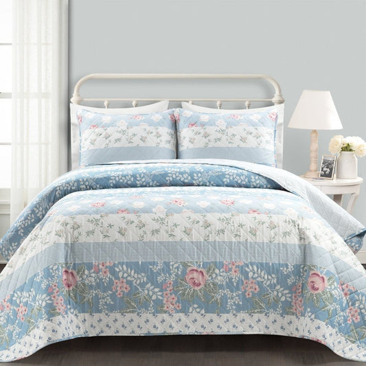 Cottagecore Flower Stripe Cotton Quilt 3 Piece Set - Quahog Bay Bedding