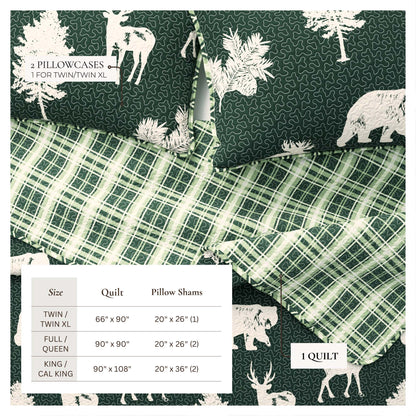 Lodge Quilt - Green With Deer, Moose, Trees - Fall Themed Bedding