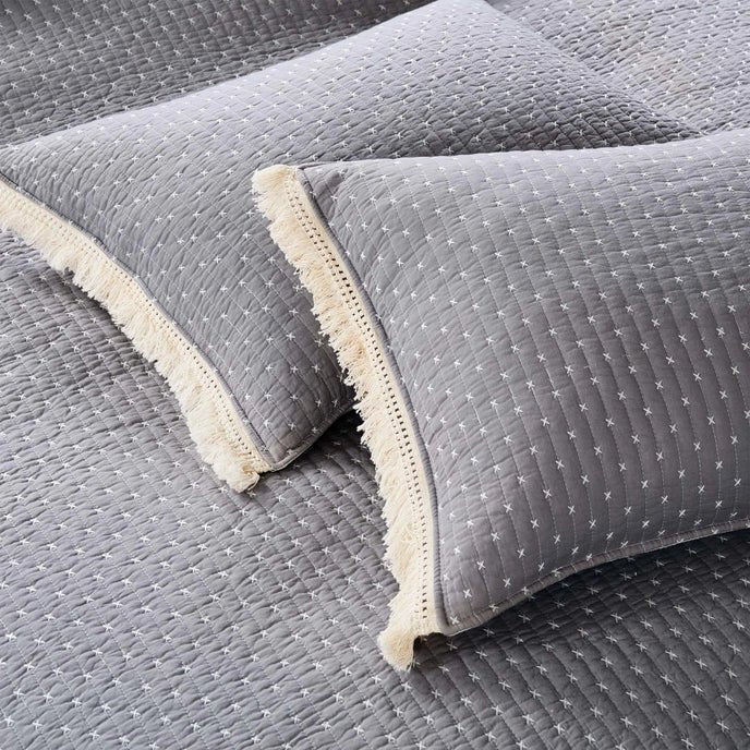 Cross Stitch 100% Cotton Quilt Set - Grey Cream - Quahog Bay Bedding