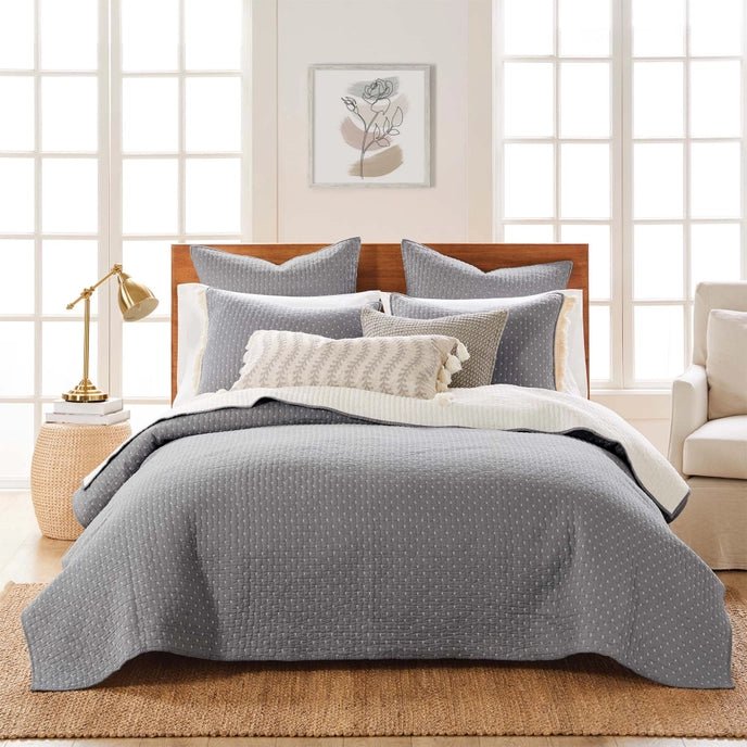 Cross Stitch 100% Cotton Quilt Set - Grey Cream - Quahog Bay Bedding