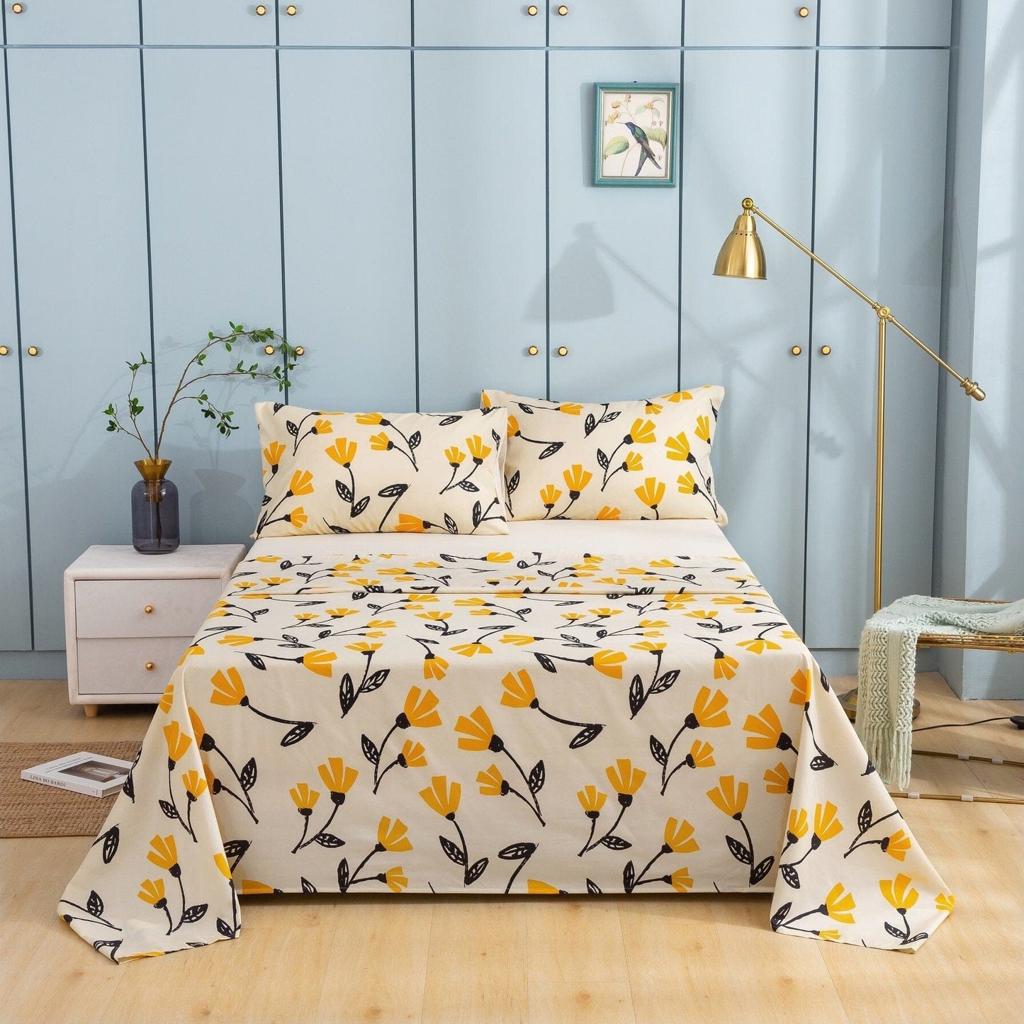 Bedding Bundle- Yellow Botanical Ivory Tan Floral - Scalloped Edge Bedding - Quahog Bay Bedding
