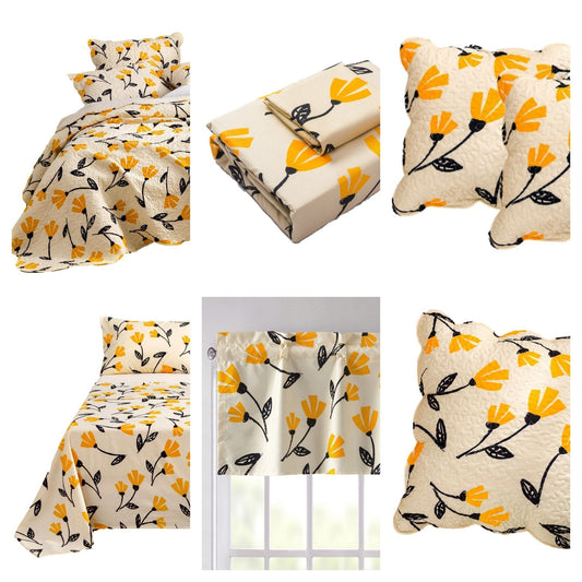 Bedding Bundle- Yellow Botanical Ivory Tan Floral - Scalloped Edge Bedding - Quahog Bay Bedding