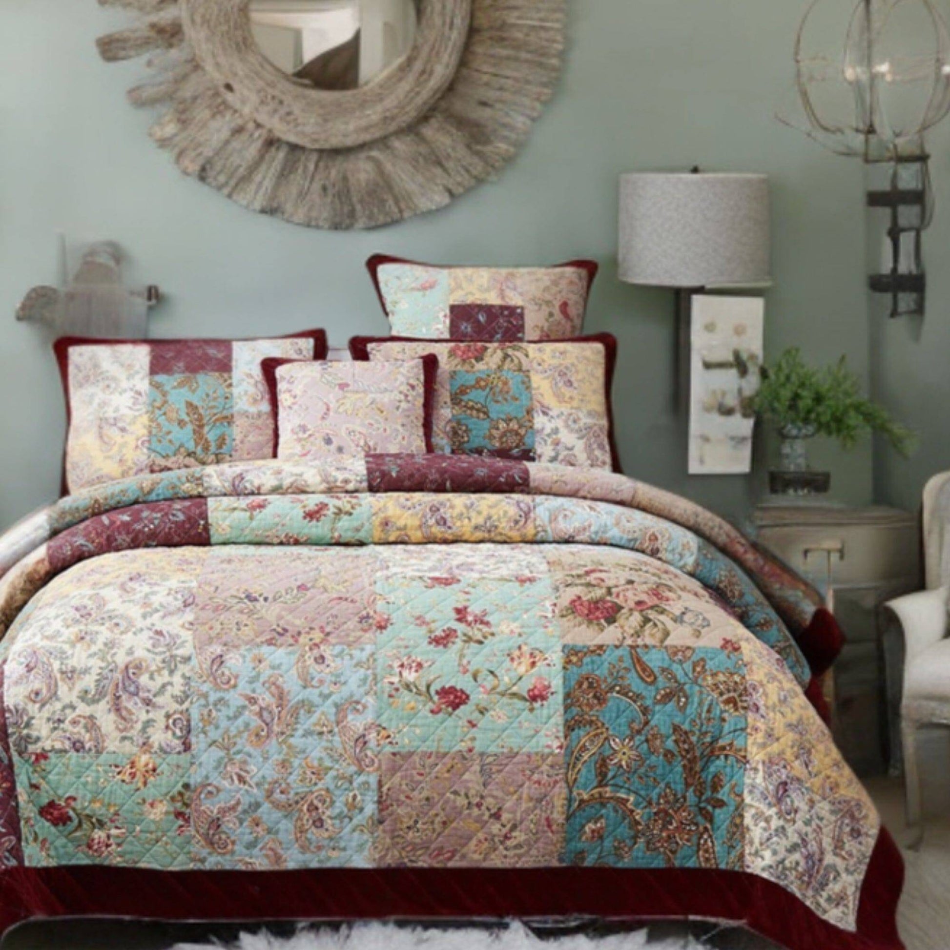 Bohemian Burgundy Red Velvet Trim Floral Paisley Patchwork Cotton Bedspread Set - Quahog Bay Bedding