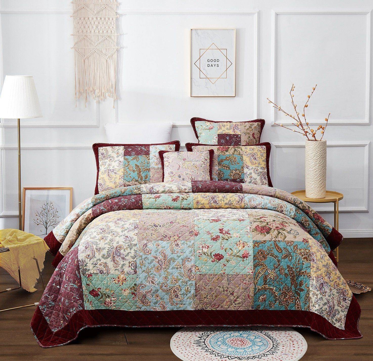 Bohemian Burgundy Red Velvet Trim Floral Paisley Patchwork Cotton Bedspread Set - Quahog Bay Bedding