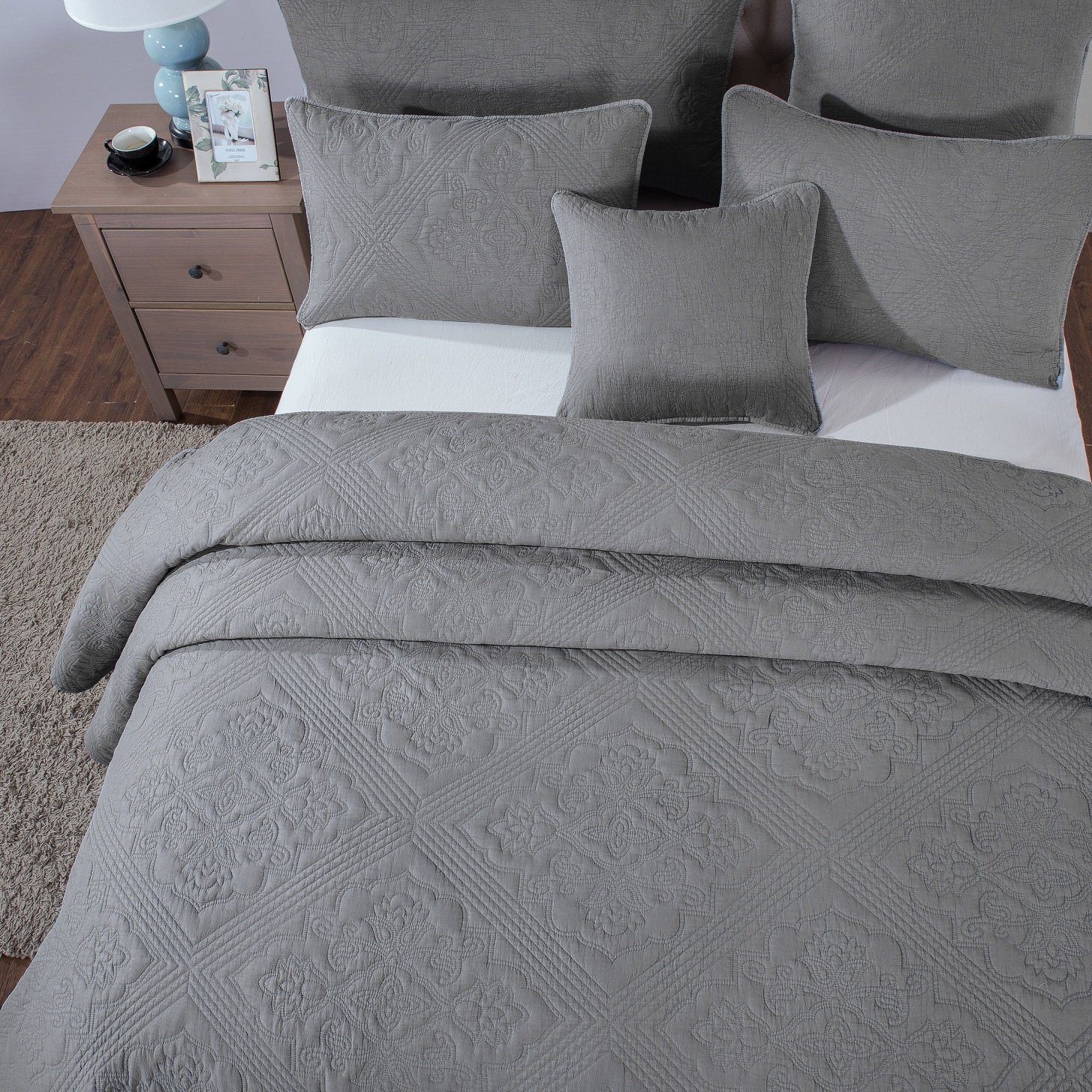 Floral Vintage Stone Wash Grey Silver Diamond Pattern Quilted Bedspread - Quahog Bay Bedding