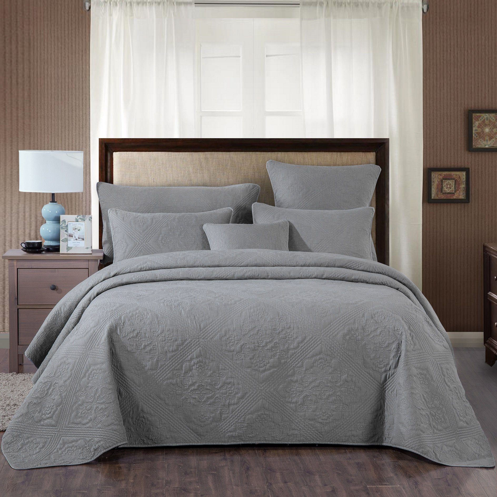 Floral Vintage Stone Wash Grey Silver Diamond Pattern Quilted Bedspread - Quahog Bay Bedding