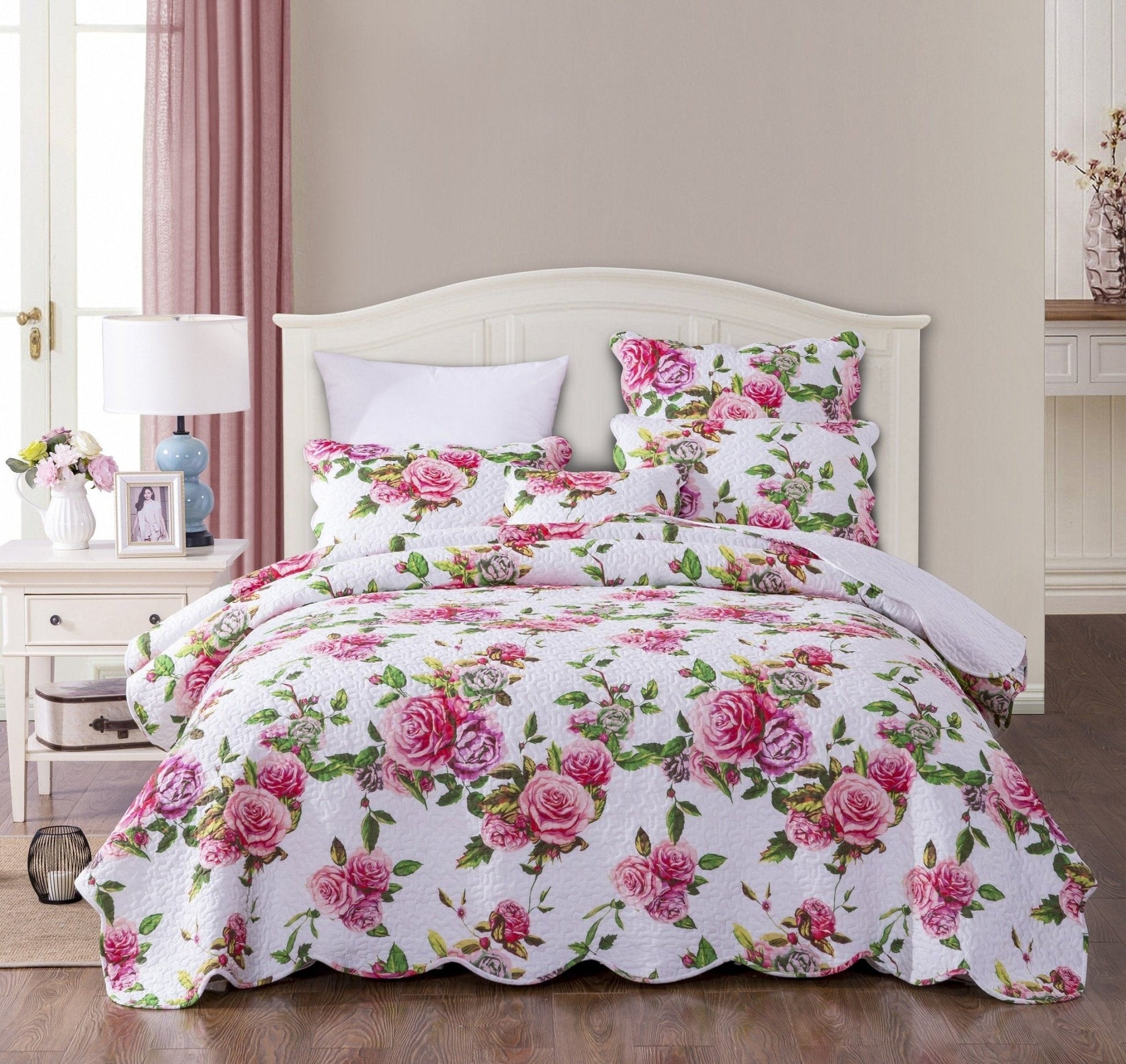 Romantic Roses Floral Quilted Scalloped Bedspread Set - Quahog Bay Bedding