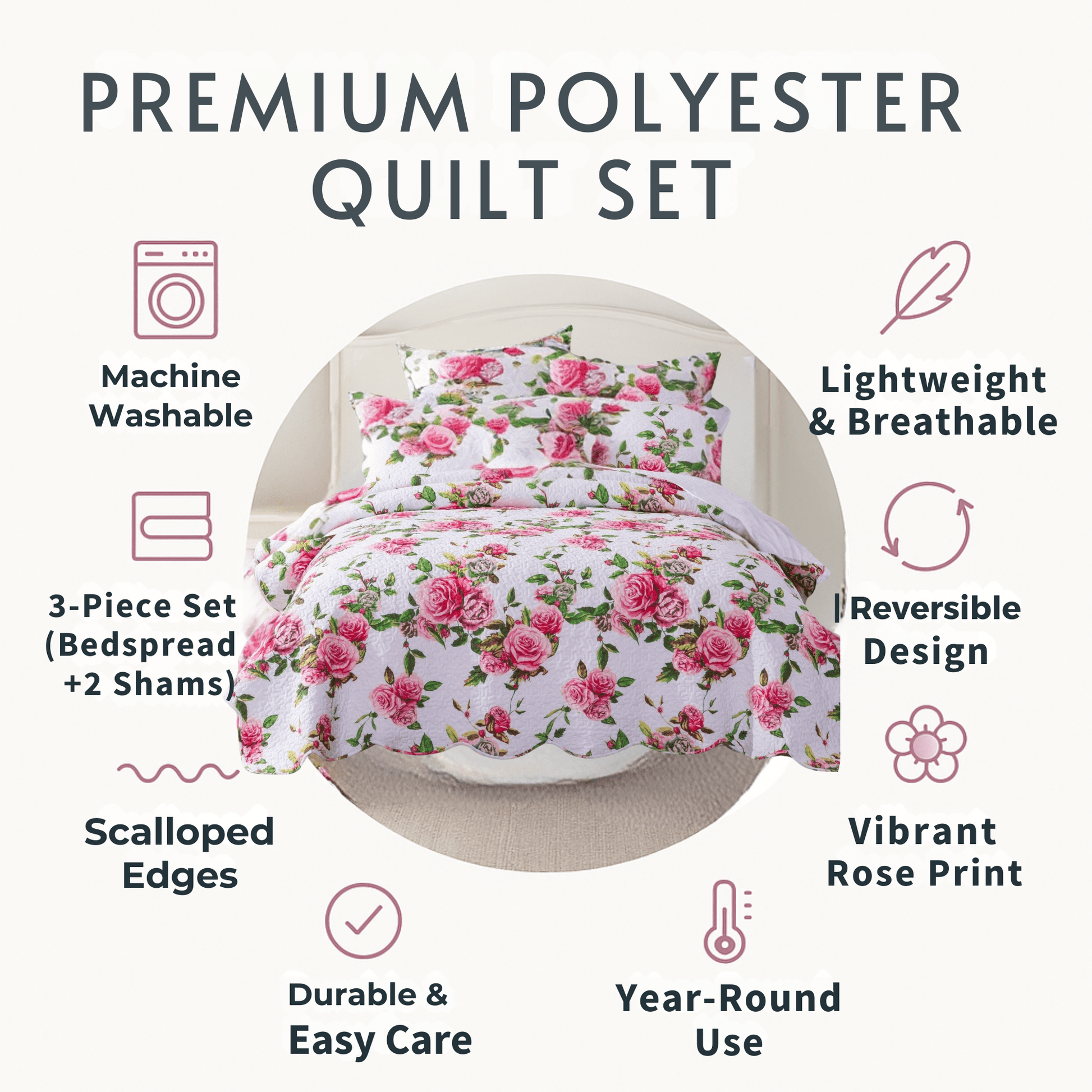 Romantic Roses Floral Quilted Scalloped Bedspread Set - Quahog Bay Bedding