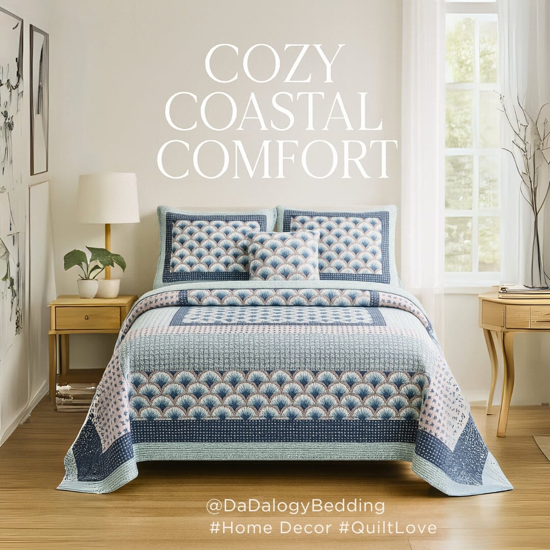 Mediterranean Blue Mint Green Patchwork Quilted Bedspread Set