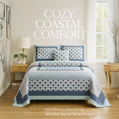 Mediterranean Blue Mint Green Patchwork Quilted Bedspread Set