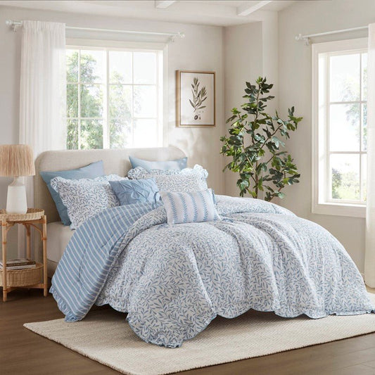 Darcy 3PC Reversible Print / Striped Scalloped Edge Comforter Set - Blue - Quahog Bay Bedding
