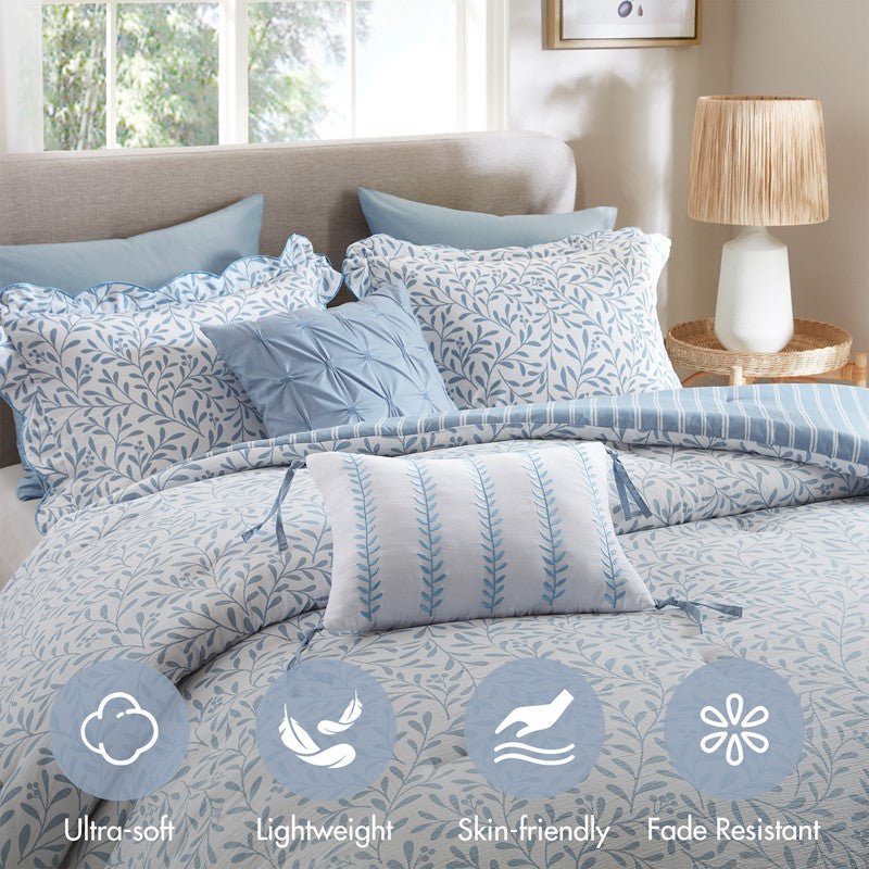Darcy 3PC Reversible Print / Striped Scalloped Edge Comforter Set - Blue - Quahog Bay Bedding