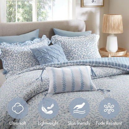 Darcy 3PC Reversible Print / Striped Scalloped Edge Comforter Set - Blue - Quahog Bay Bedding