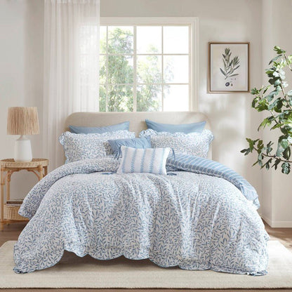 Darcy 3PC Reversible Print / Striped Scalloped Edge Comforter Set - Blue - Quahog Bay Bedding