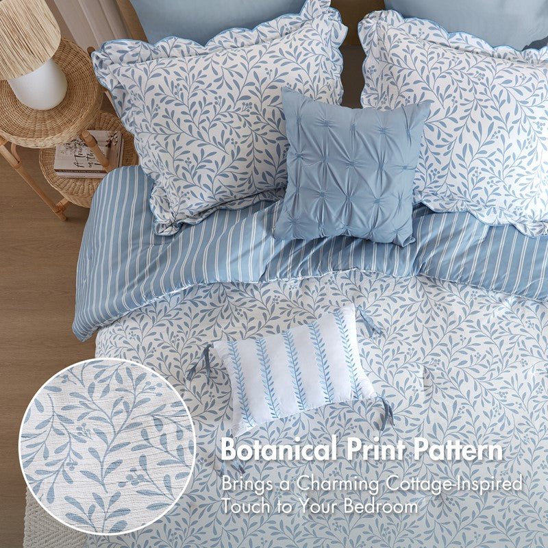 Darcy 3PC Reversible Print / Striped Scalloped Edge Comforter Set - Blue - Quahog Bay Bedding