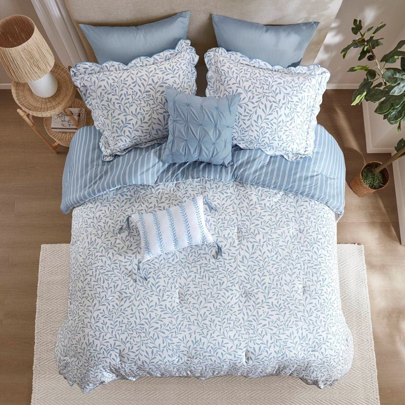 Darcy 3PC Reversible Print / Striped Scalloped Edge Comforter Set - Blue - Quahog Bay Bedding