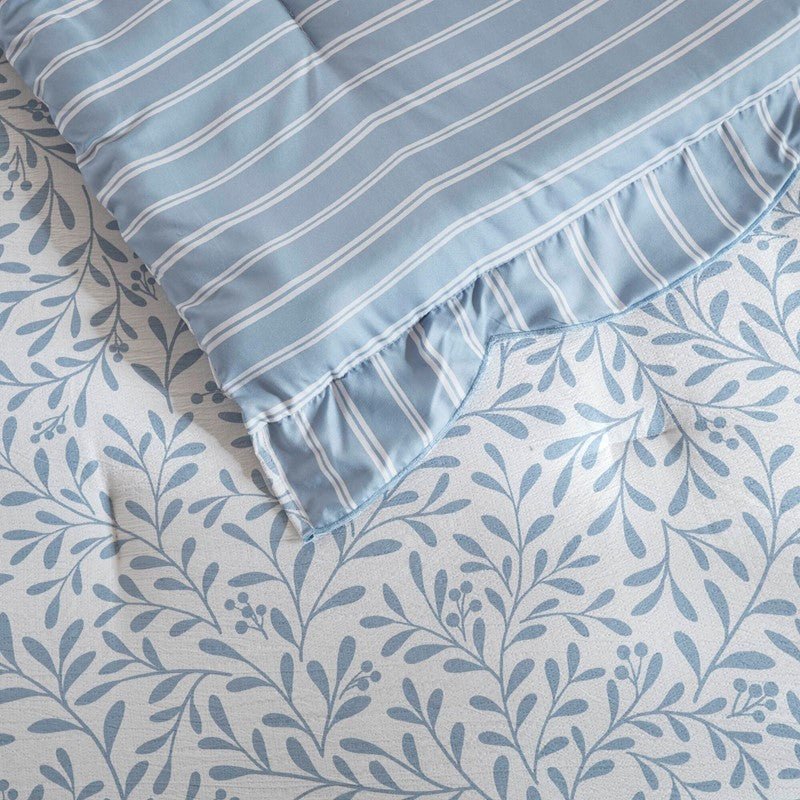Darcy 3PC Reversible Print / Striped Scalloped Edge Comforter Set - Blue - Quahog Bay Bedding