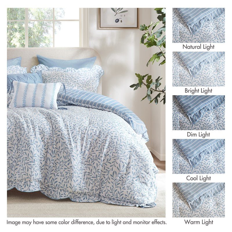 Darcy 3PC Reversible Print / Striped Scalloped Edge Comforter Set - Blue - Quahog Bay Bedding