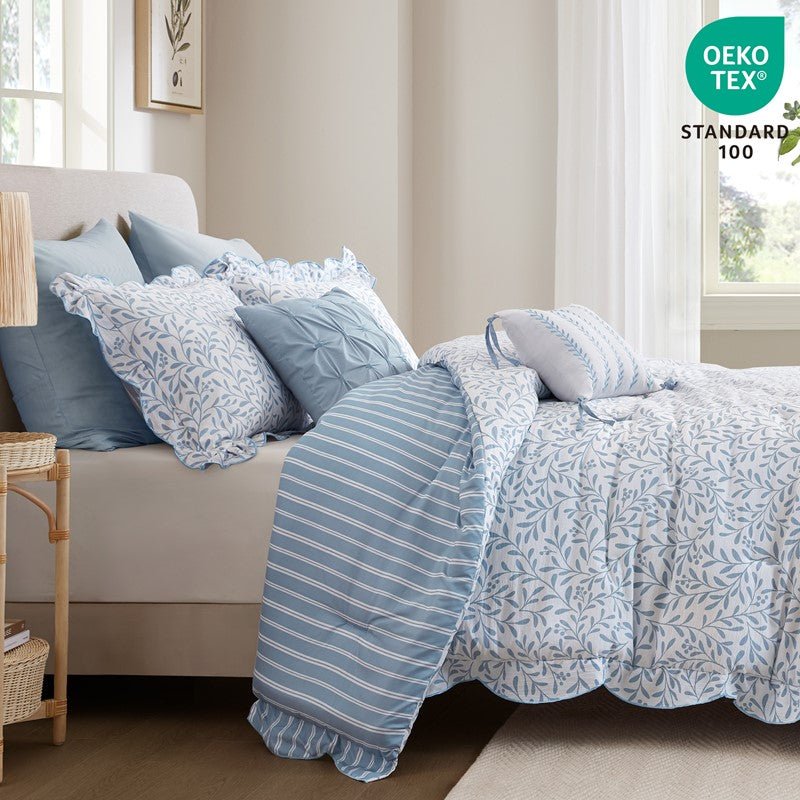 Darcy 3PC Reversible Print / Striped Scalloped Edge Comforter Set - Blue - Quahog Bay Bedding