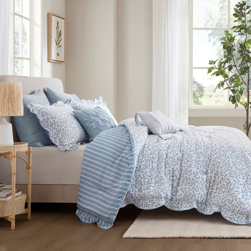 Darcy 3PC Reversible Print / Striped Scalloped Edge Comforter Set - Blue - Quahog Bay Bedding