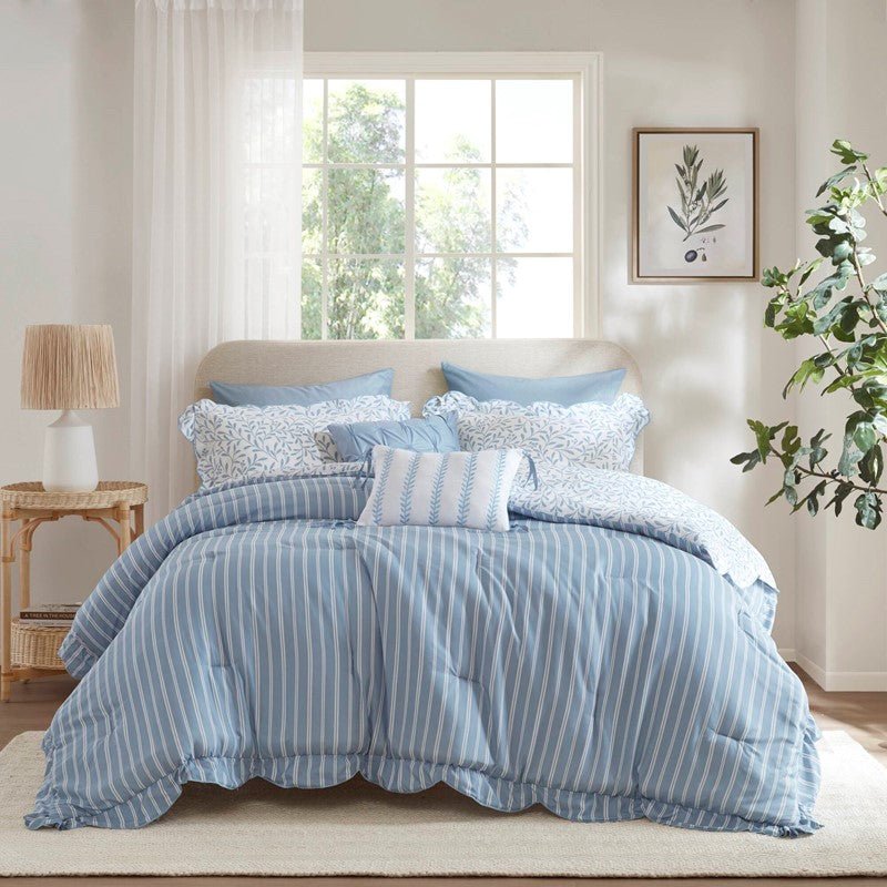 Darcy 3PC Reversible Print / Striped Scalloped Edge Comforter Set - Blue - Quahog Bay Bedding