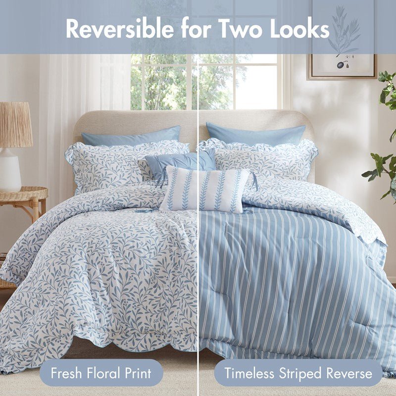 Darcy 3PC Reversible Print / Striped Scalloped Edge Comforter Set - Blue - Quahog Bay Bedding