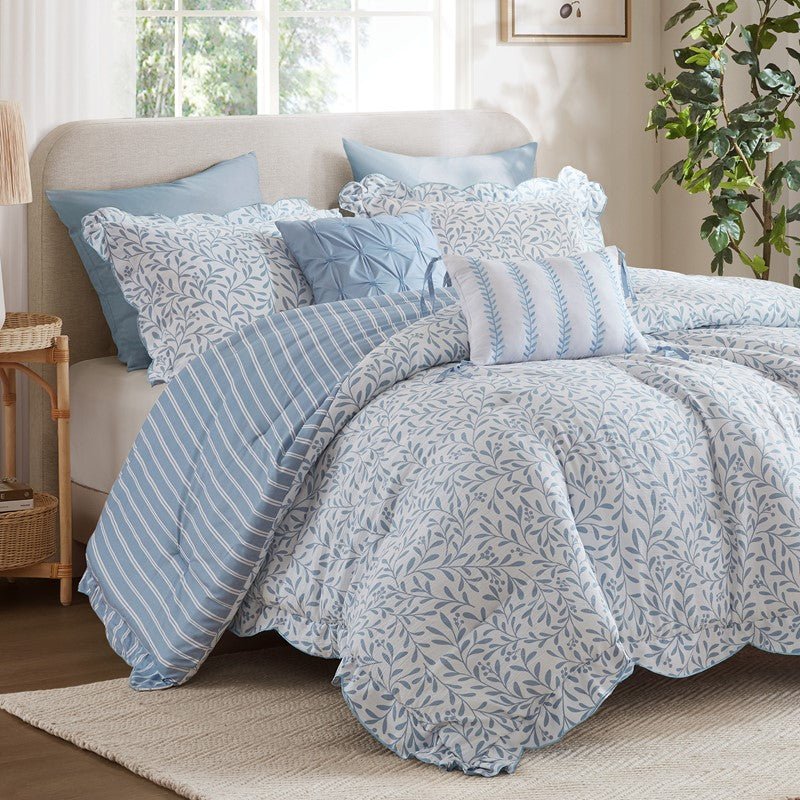 Darcy 3PC Reversible Print / Striped Scalloped Edge Comforter Set - Blue - Quahog Bay Bedding