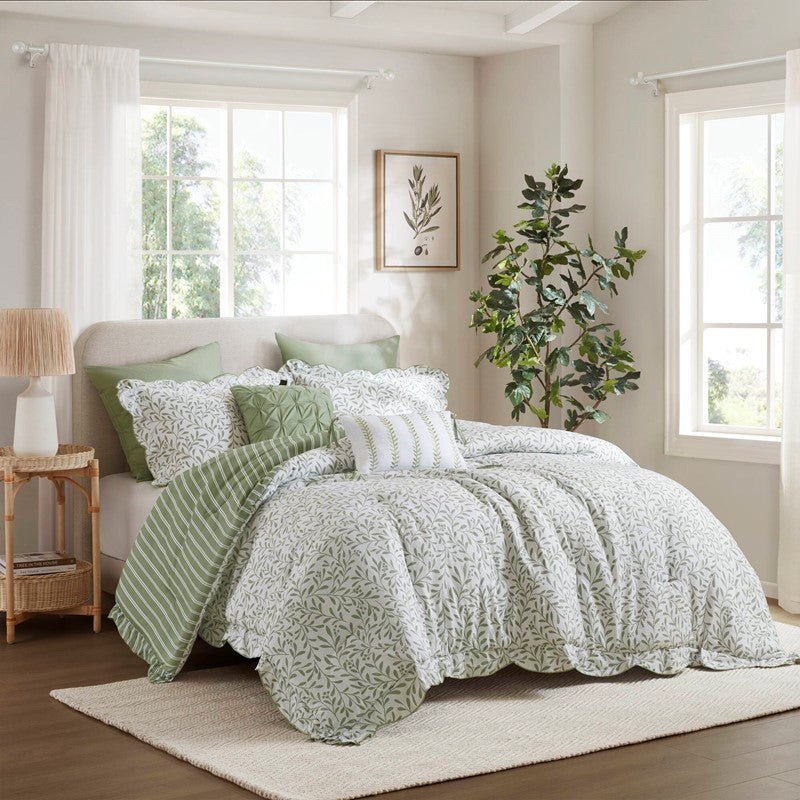 Darcy 5PC Scalloped Edge Comforter Set - Sage Green - Quahog Bay Bedding