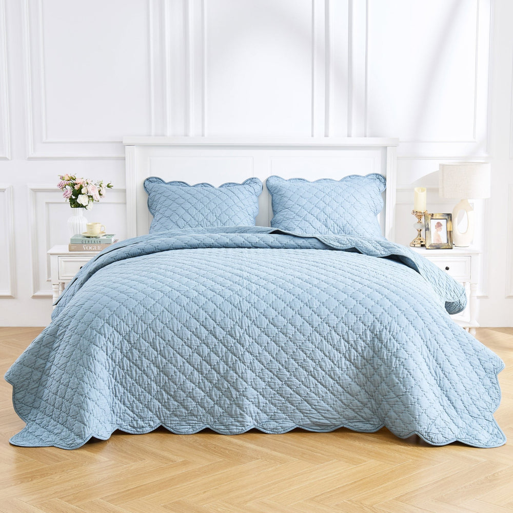 Diamond Scalloped Edge 100% Cotton Voile Hand Stitched Quilt Set 3PC - Quahog Bay Bedding