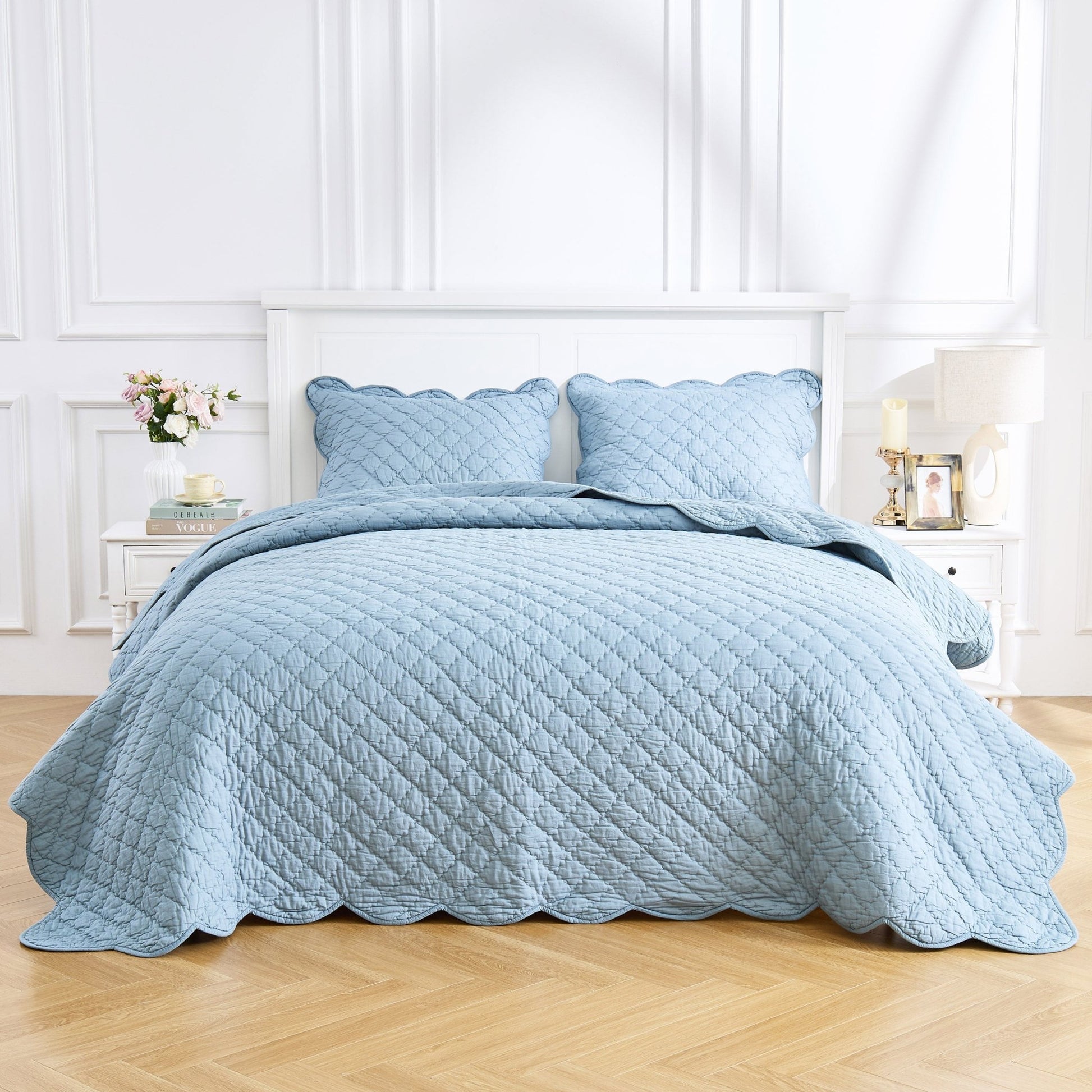 Diamond Scalloped Edge 100% Cotton Voile Hand Stitched Quilt Set 3PC - Quahog Bay Bedding